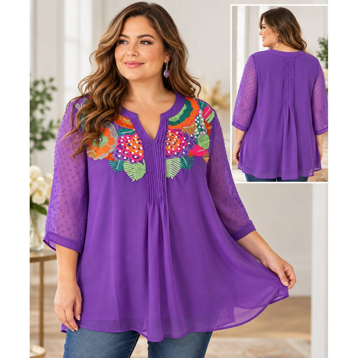 Denim 24/7 Purple Floral Embroidered Sequin Boho Tunic Blouse Plus Size 24W