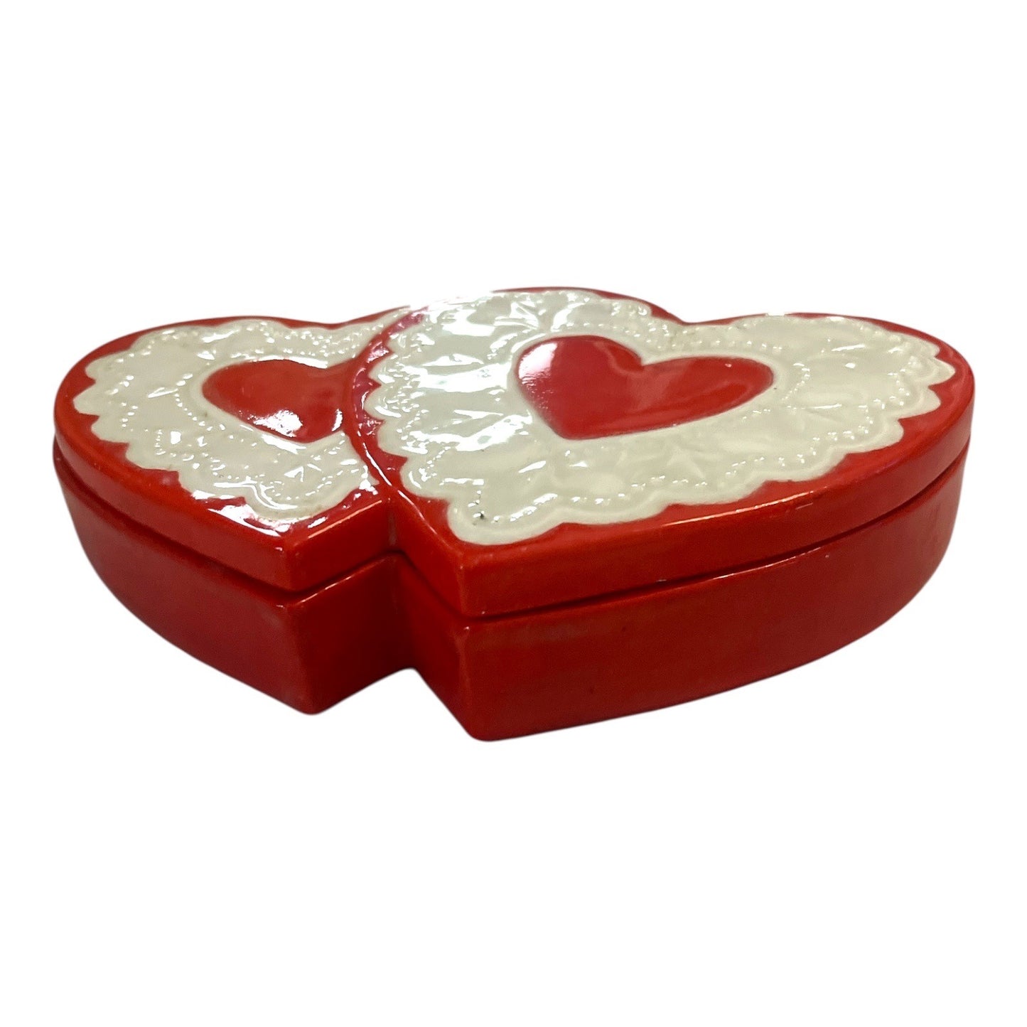 Vintage Double Heart Ceramic Trinket Box | Red & White | 1990s Valentine Keepsake Dish