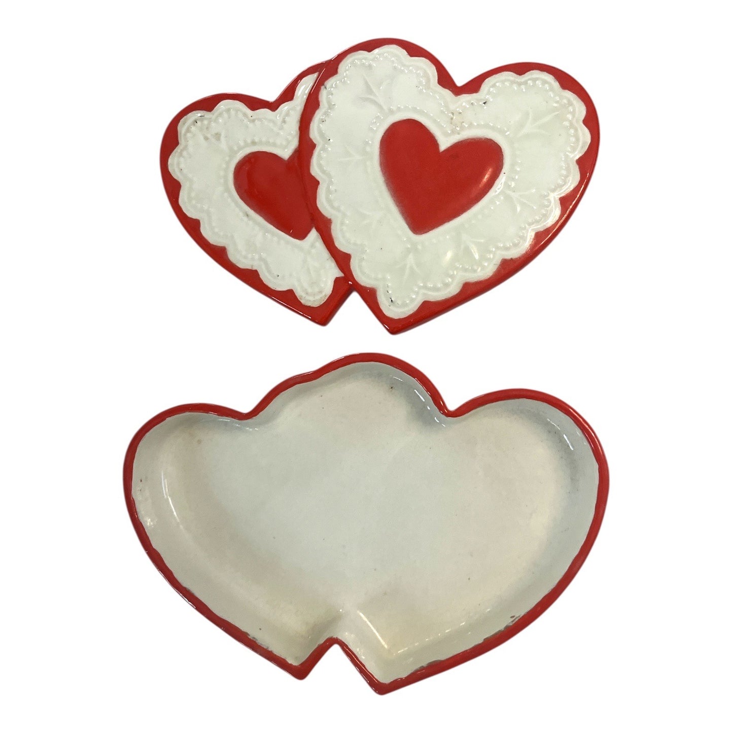 Vintage Double Heart Ceramic Trinket Box | Red & White | 1990s Valentine Keepsake Dish