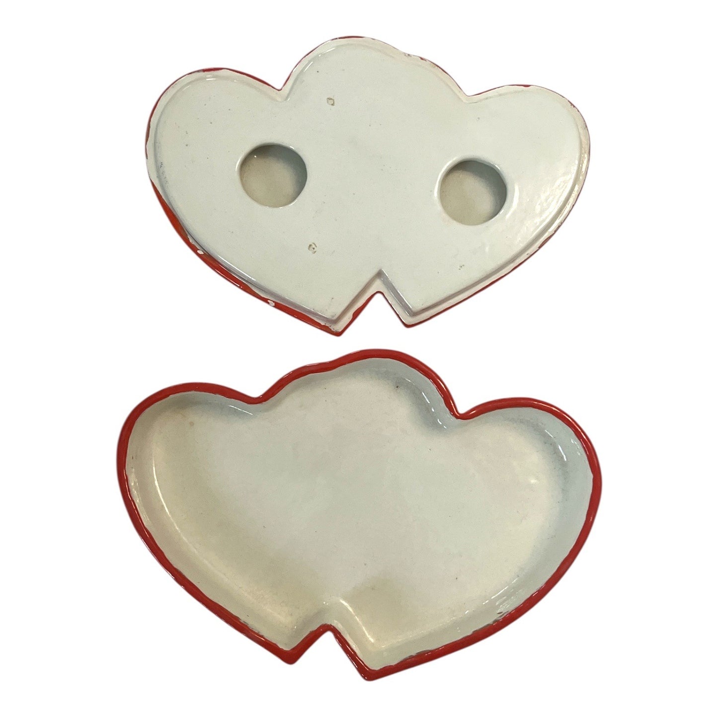 Vintage Double Heart Ceramic Trinket Box | Red & White | 1990s Valentine Keepsake Dish