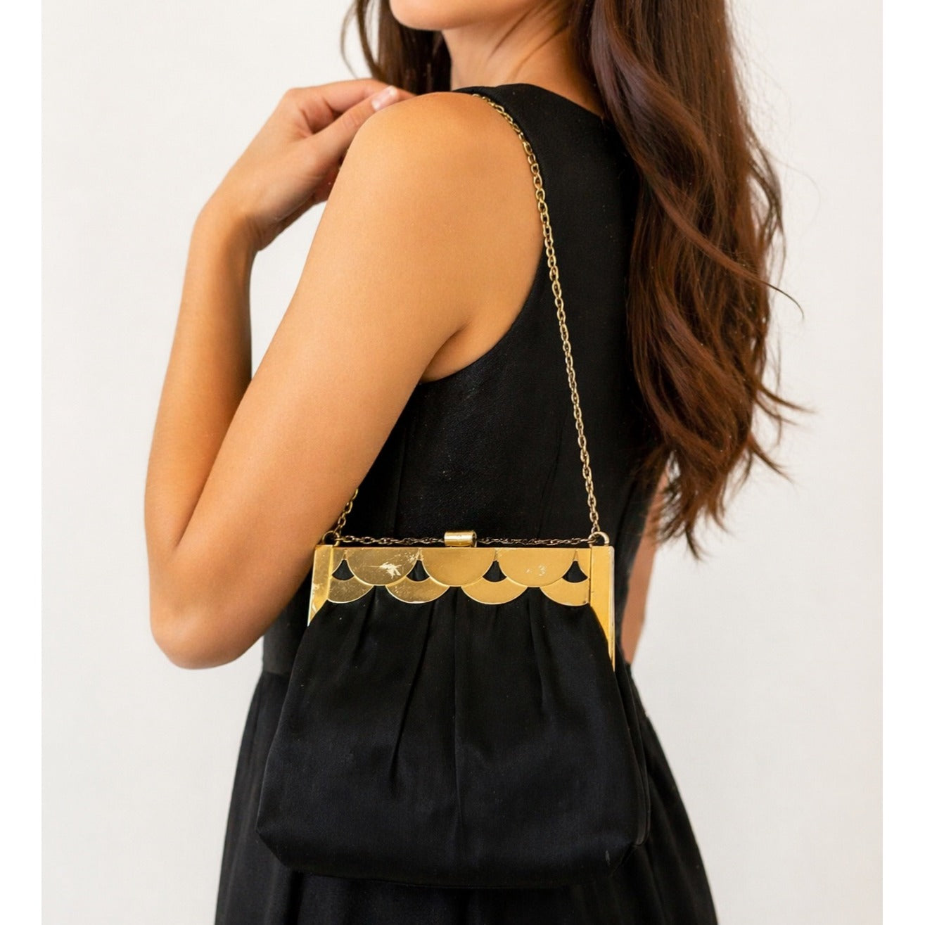Vintage Black Satin Evening Bag Gold Frame Scalloped Clutch USA Elegant Formal Purse