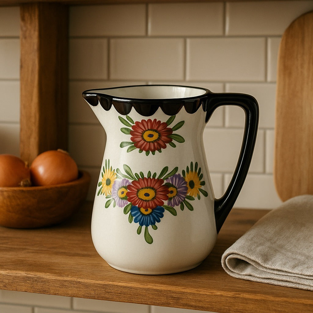 Vintage German Hand-Painted Floral Ceramic Pitcher 5” – Crackle Glaze, Black Rim (1950s–1970s)
