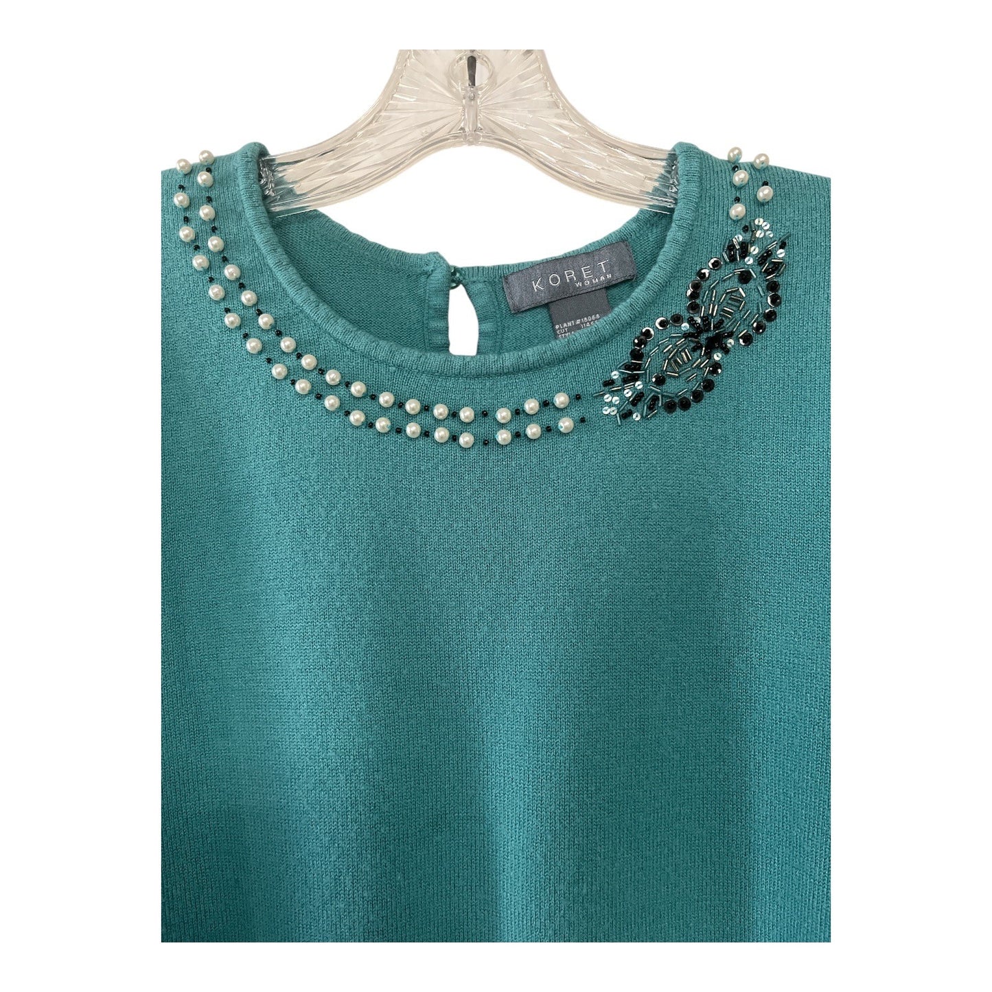 Vtg Koret Woman 2X Teal Sweater – Pearl & Bead Embellished Collar, 100% Acrylic, 1990s
