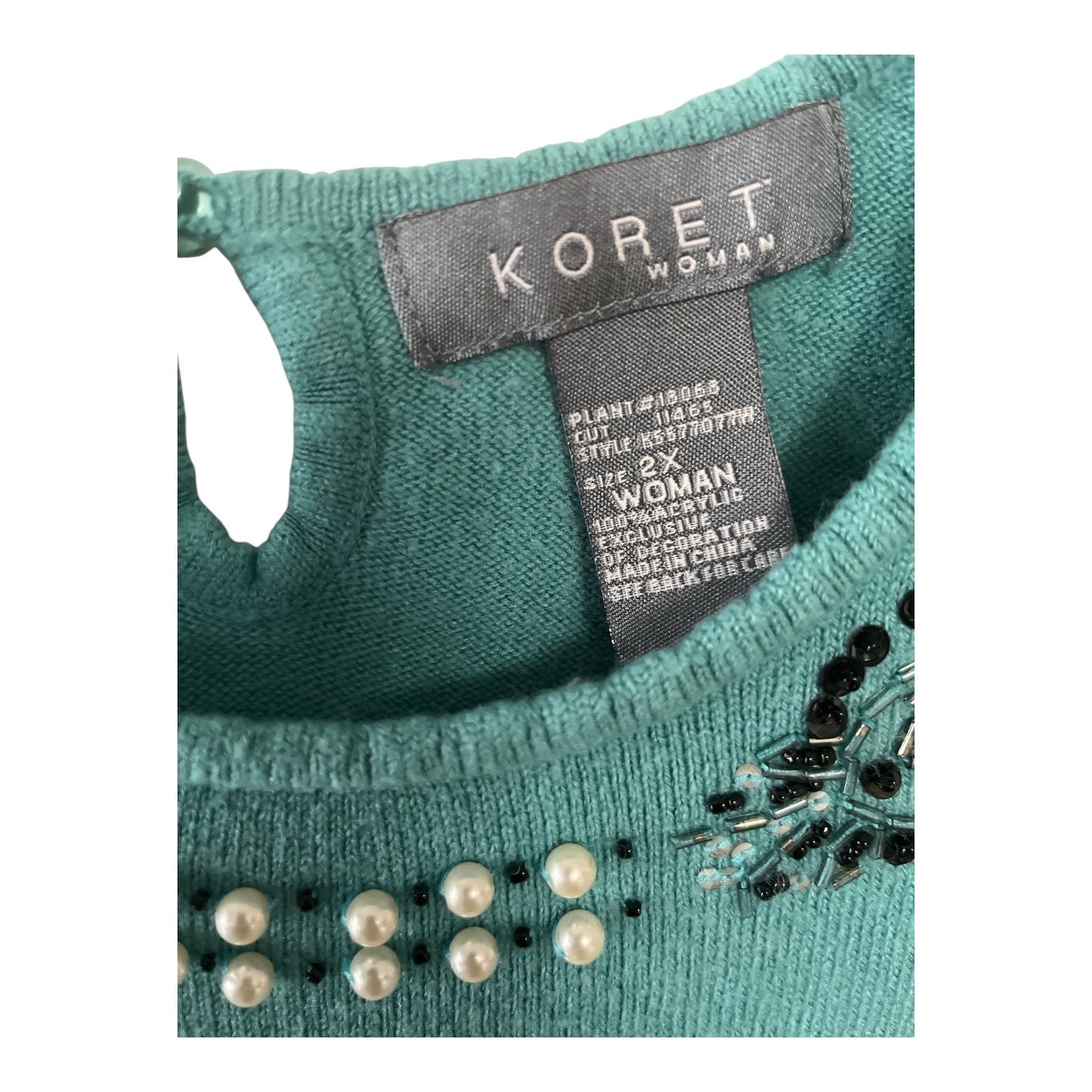 Vtg Koret Woman 2X Teal Sweater – Pearl & Bead Embellished Collar, 100% Acrylic, 1990s