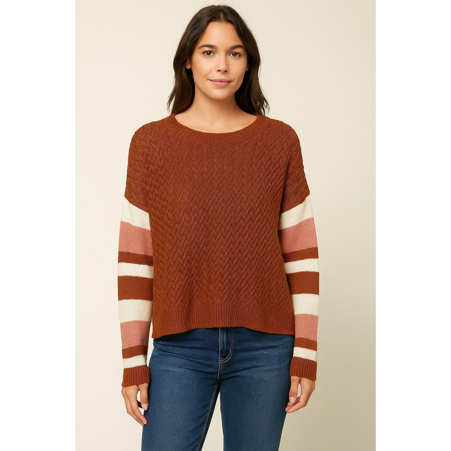 Sisstrevolution Women’s Size L Knit Sweater – Rust Brown with Striped Sleeves