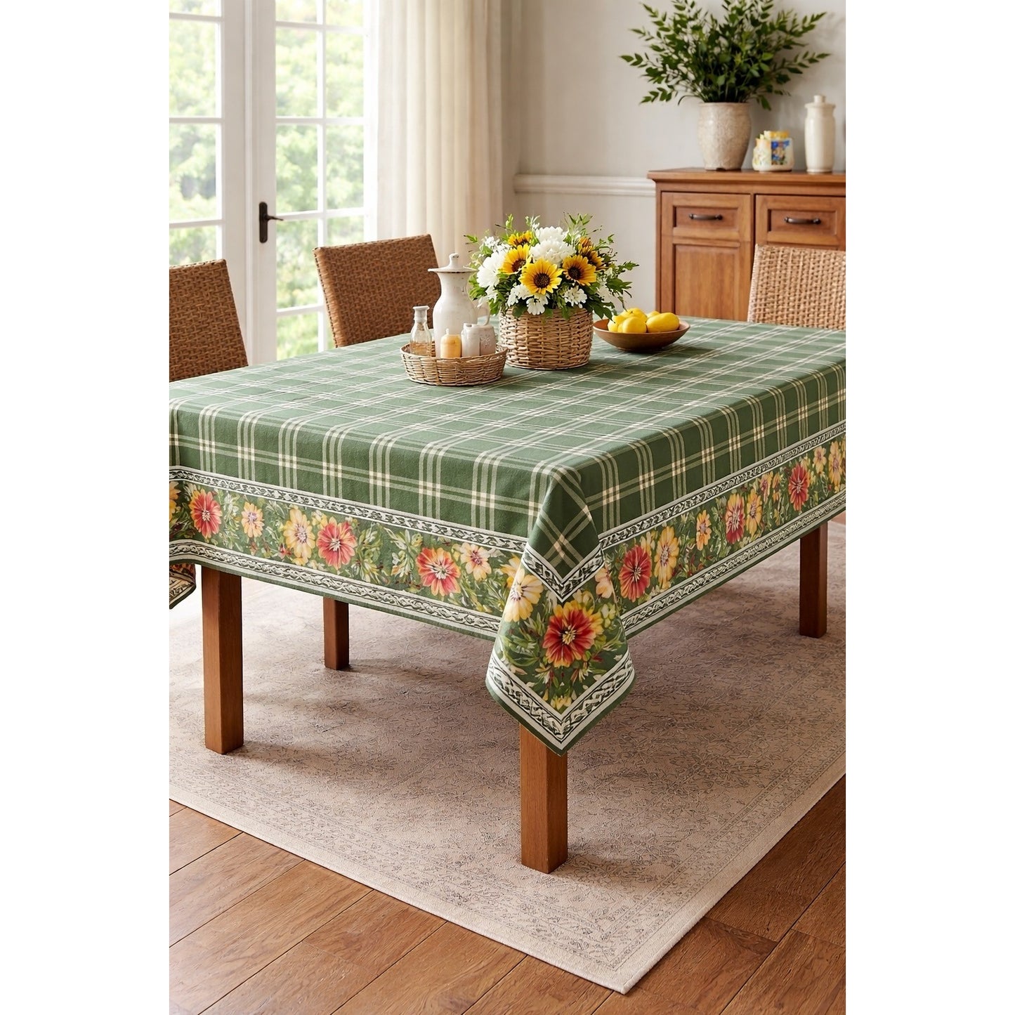 Williams Sonoma Green Plaid Floral Border Tablecloth Provence French Country Cotton 64x80