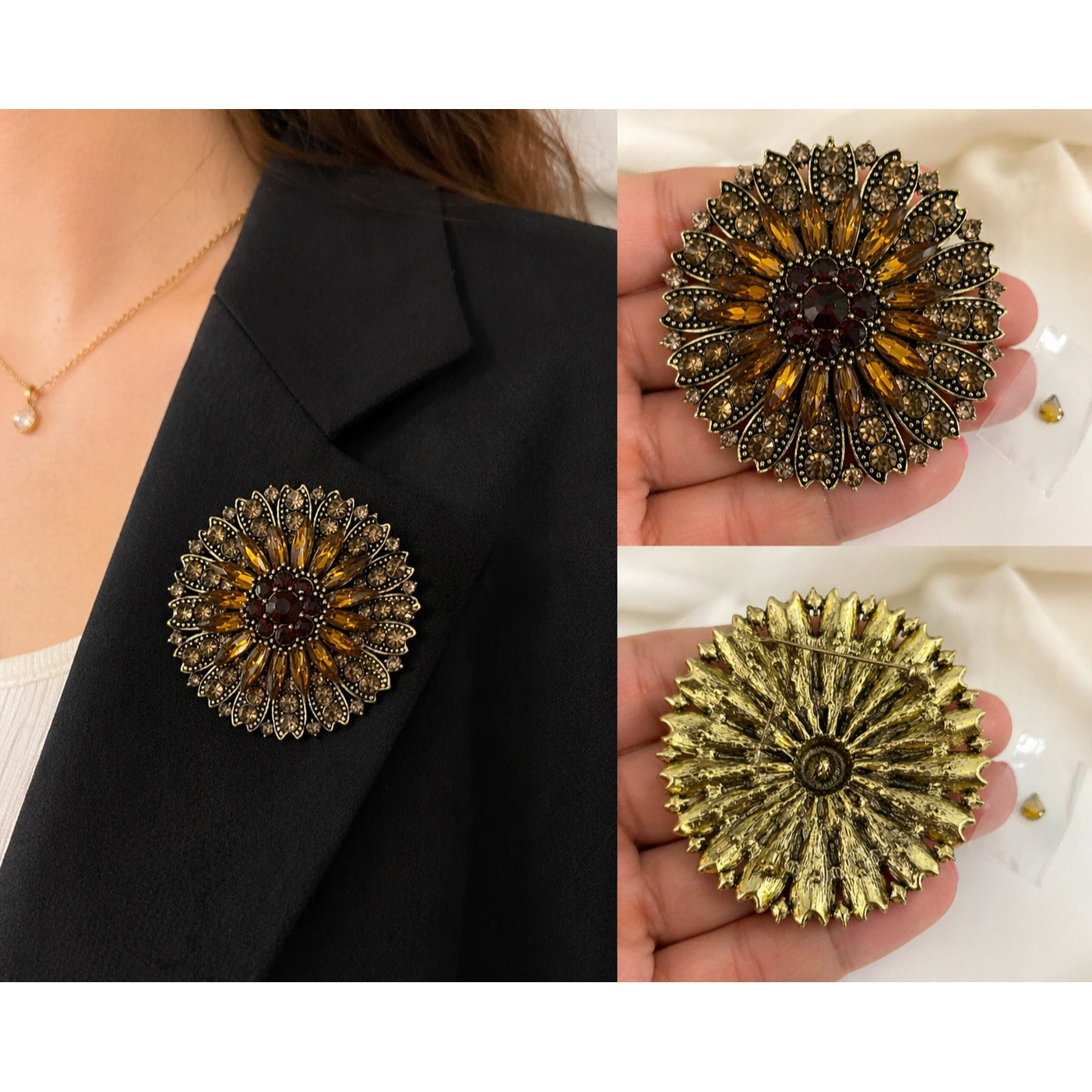 Vintage Style Amber Rhinestone Sunburst Brooch Gold Tone Floral Pin Mid 2000s Statement