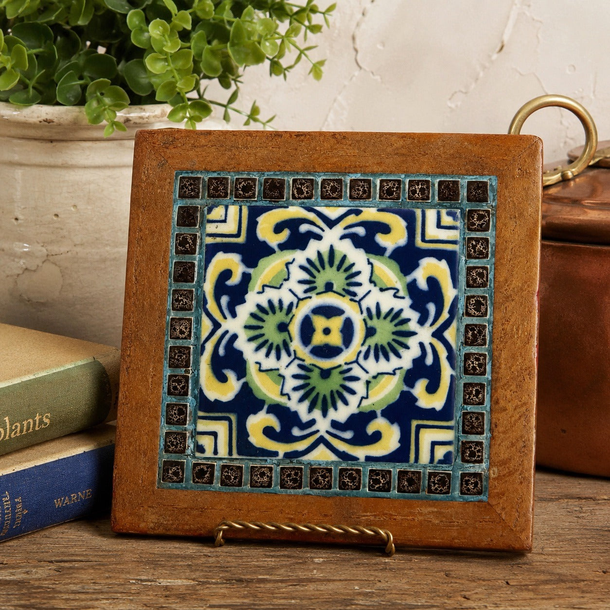 Vintage Framed Ceramic Tile Trivet Blue Green Floral Mosaic Design 7x7