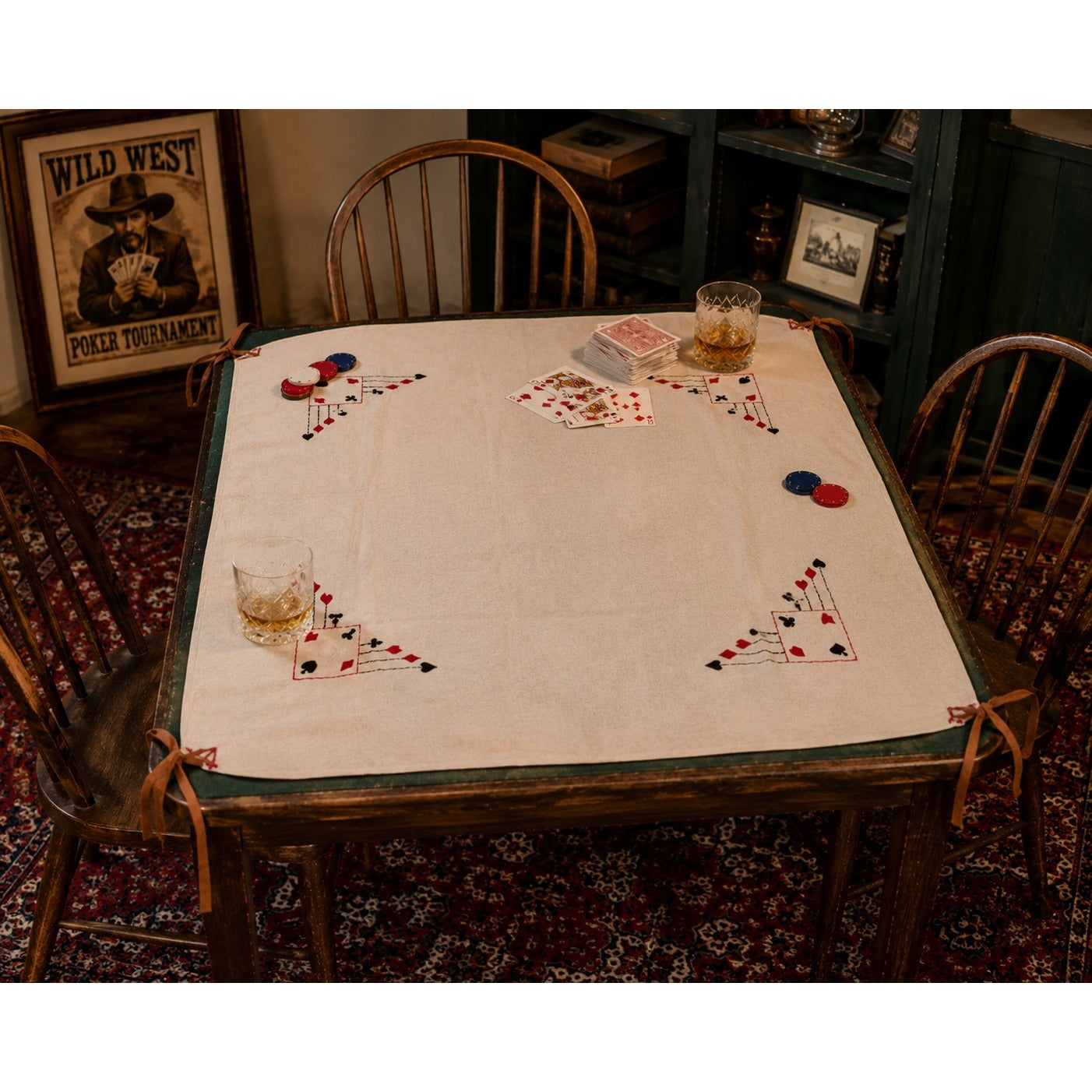 Vintage Handmade Card Suit Embroidered Linen Apron Gambling Casino Poker Theme 29x32