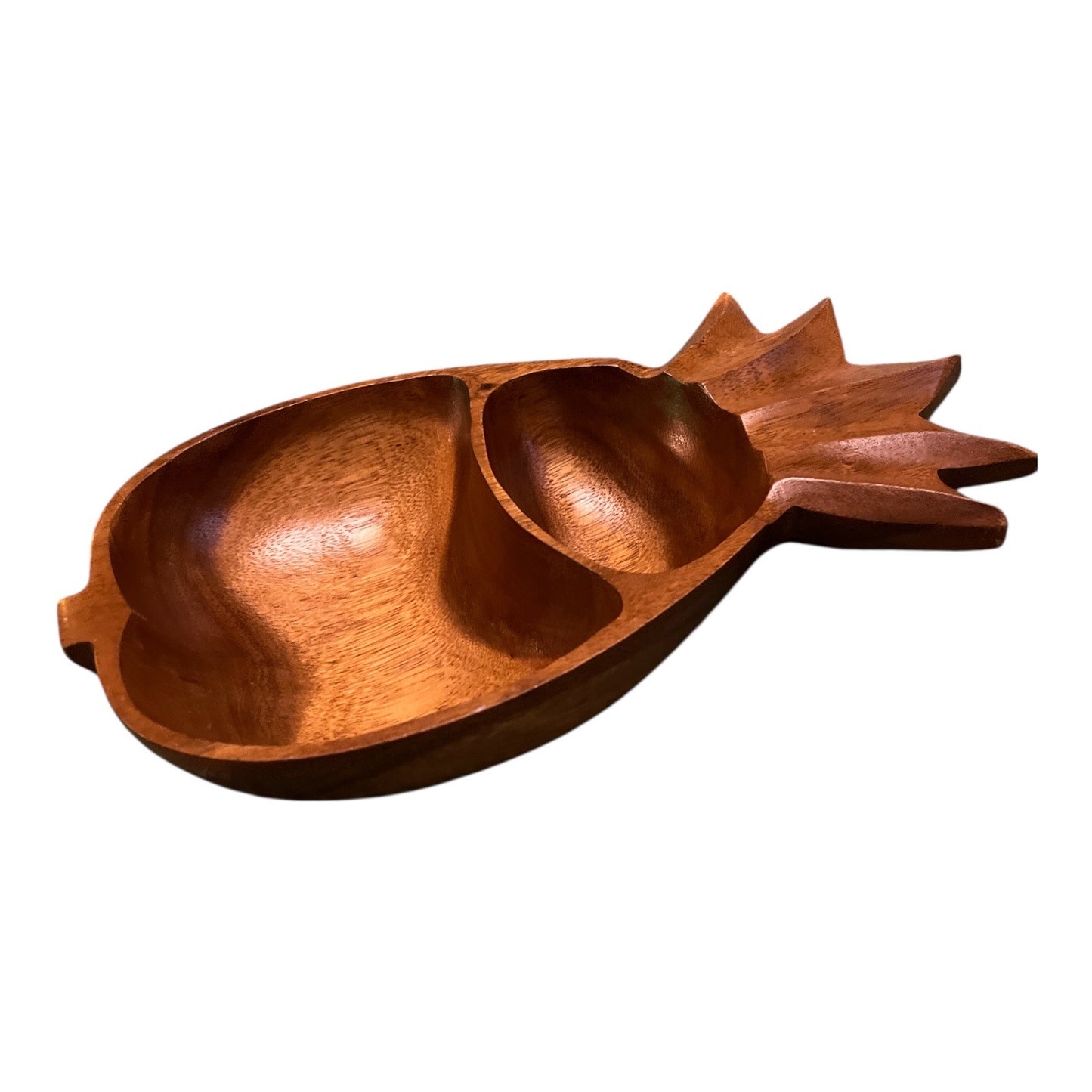 VTG Hand-Carved Wooden Pineapple Serving Dish – 2 Compartment Snack Tray – 13” x 8”