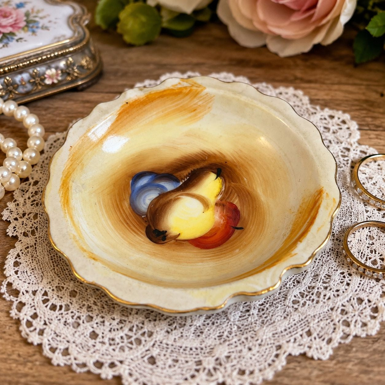 Vintage Artmark Japan Hand Painted Fruit Trinket Dish Saucer Gold Trim 4"