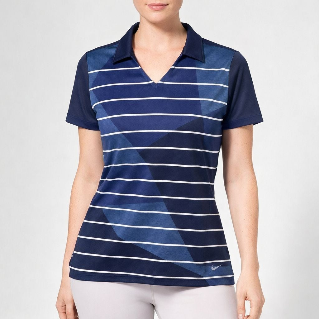 Nike Golf Tour Performance Dri-Fit Women’s Polo Shirt Navy Blue Geometric Stripe Size L
