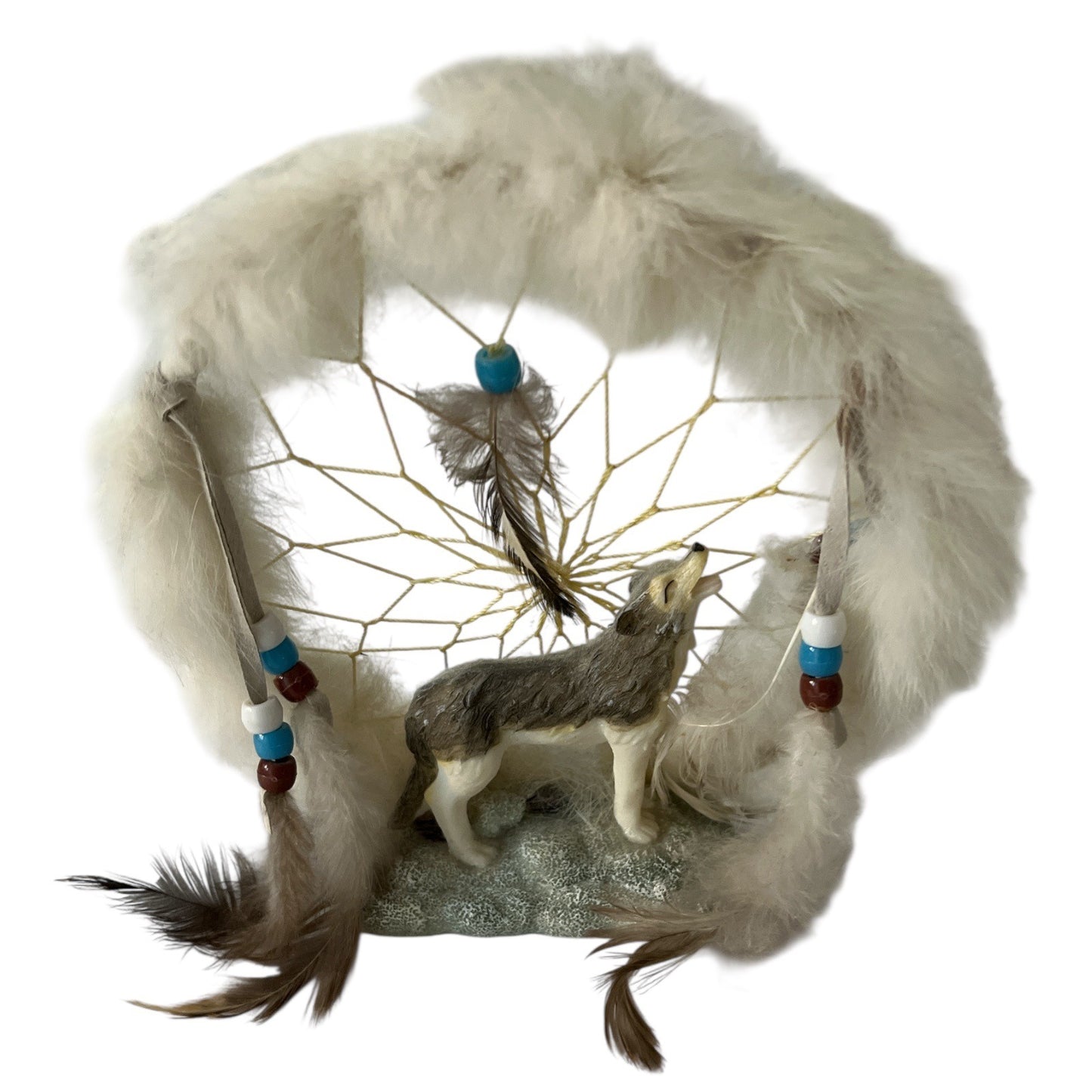 Howling Wolf Dreamcatcher Figurine with Faux Fur & Feathers – 6.25" x 7"
