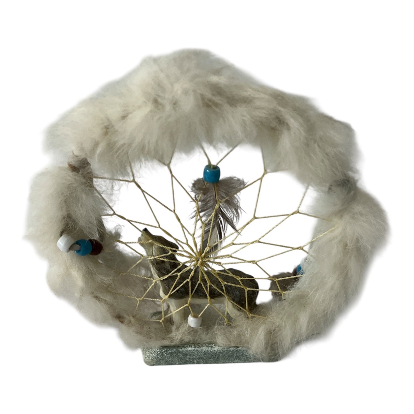 Howling Wolf Dreamcatcher Figurine with Faux Fur & Feathers – 6.25" x 7"
