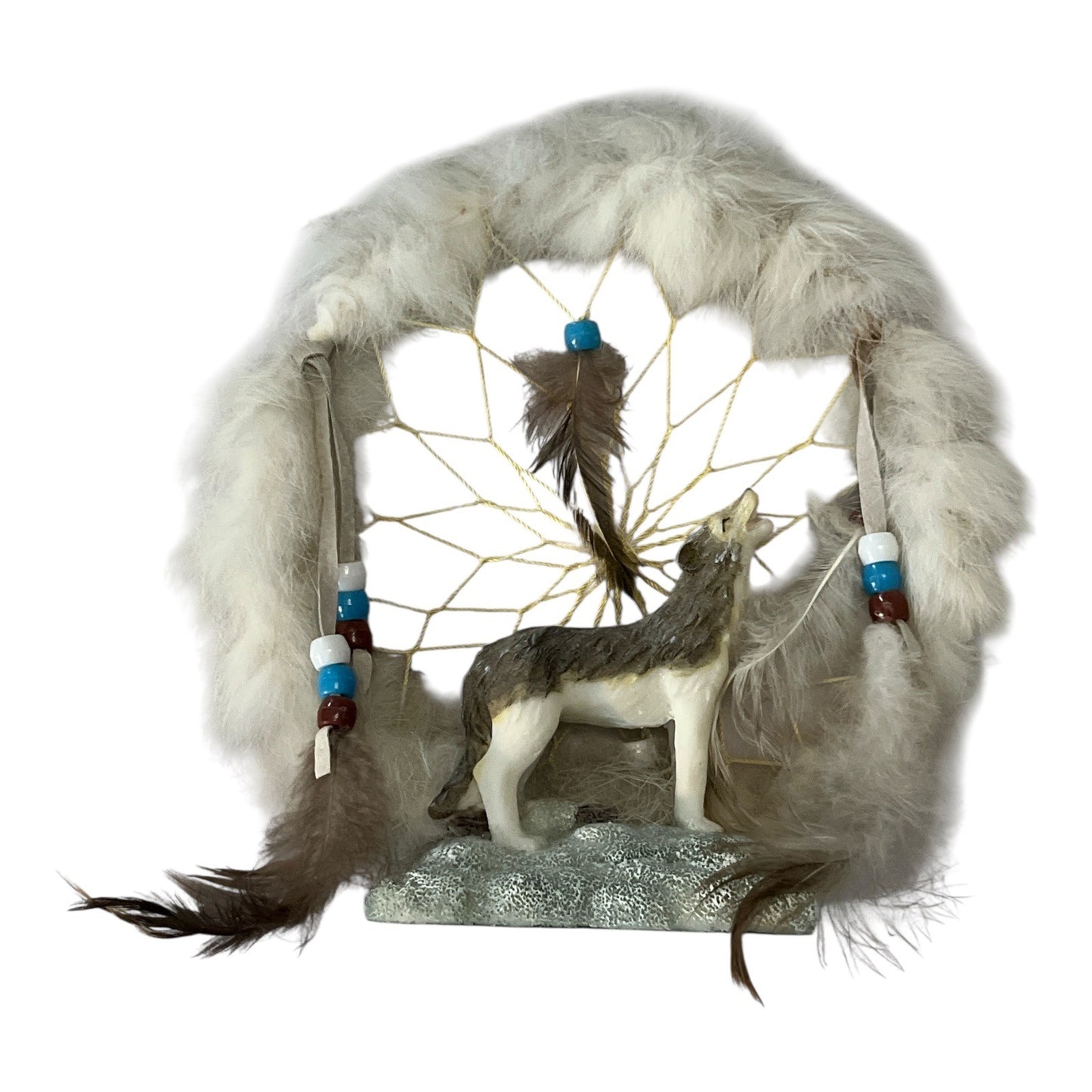 Howling Wolf Dreamcatcher Figurine with Faux Fur & Feathers – 6.25" x 7"
