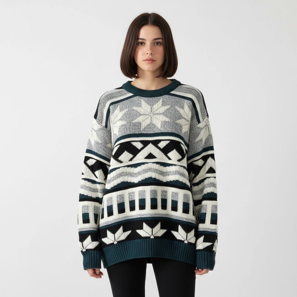 Vintage Knightsbridge Snowflake Geometric Knit Sweater Size L Made in Taiwan