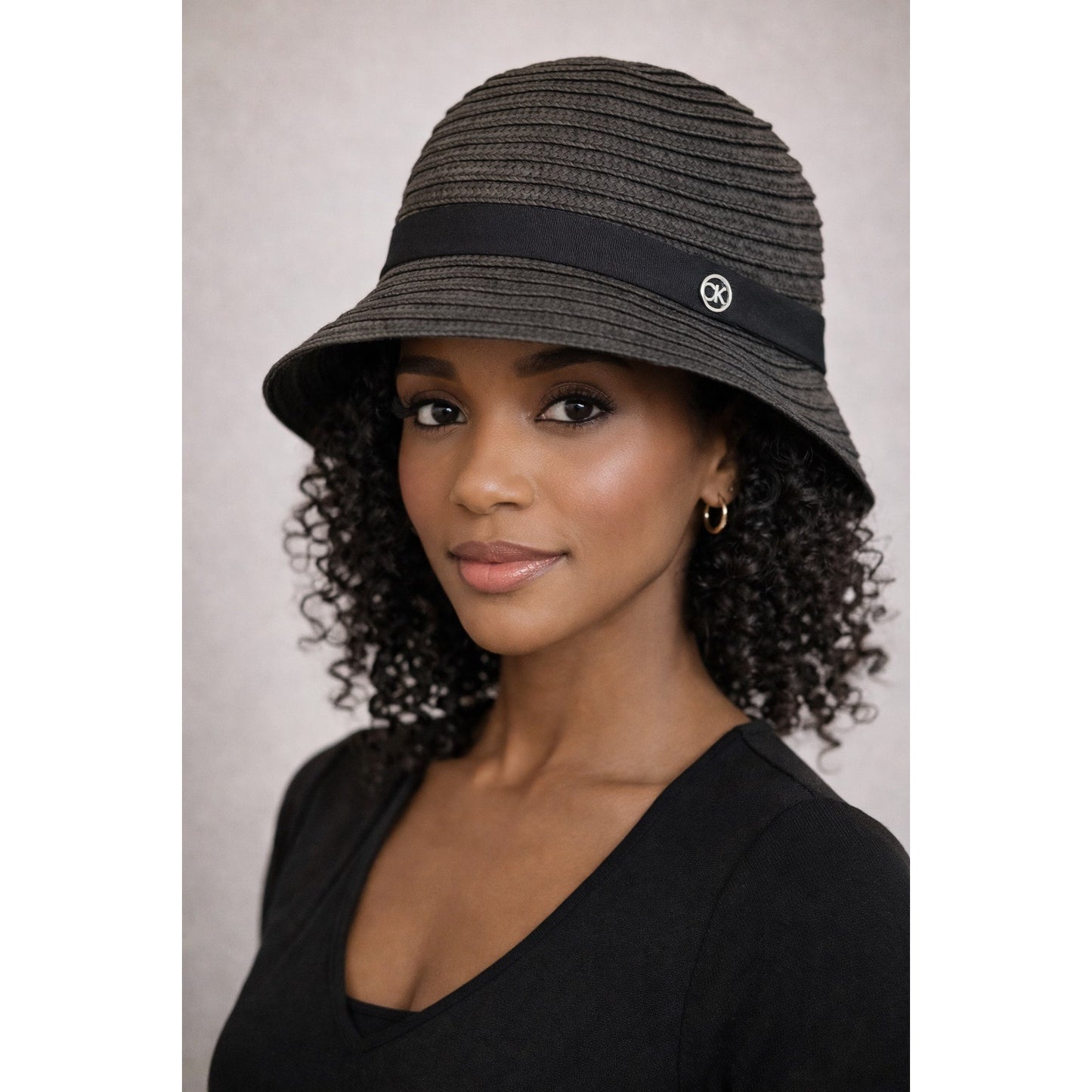 Calvin Klein Woven Cloche Bucket Hat Black Textured Logo Trim Adjustable