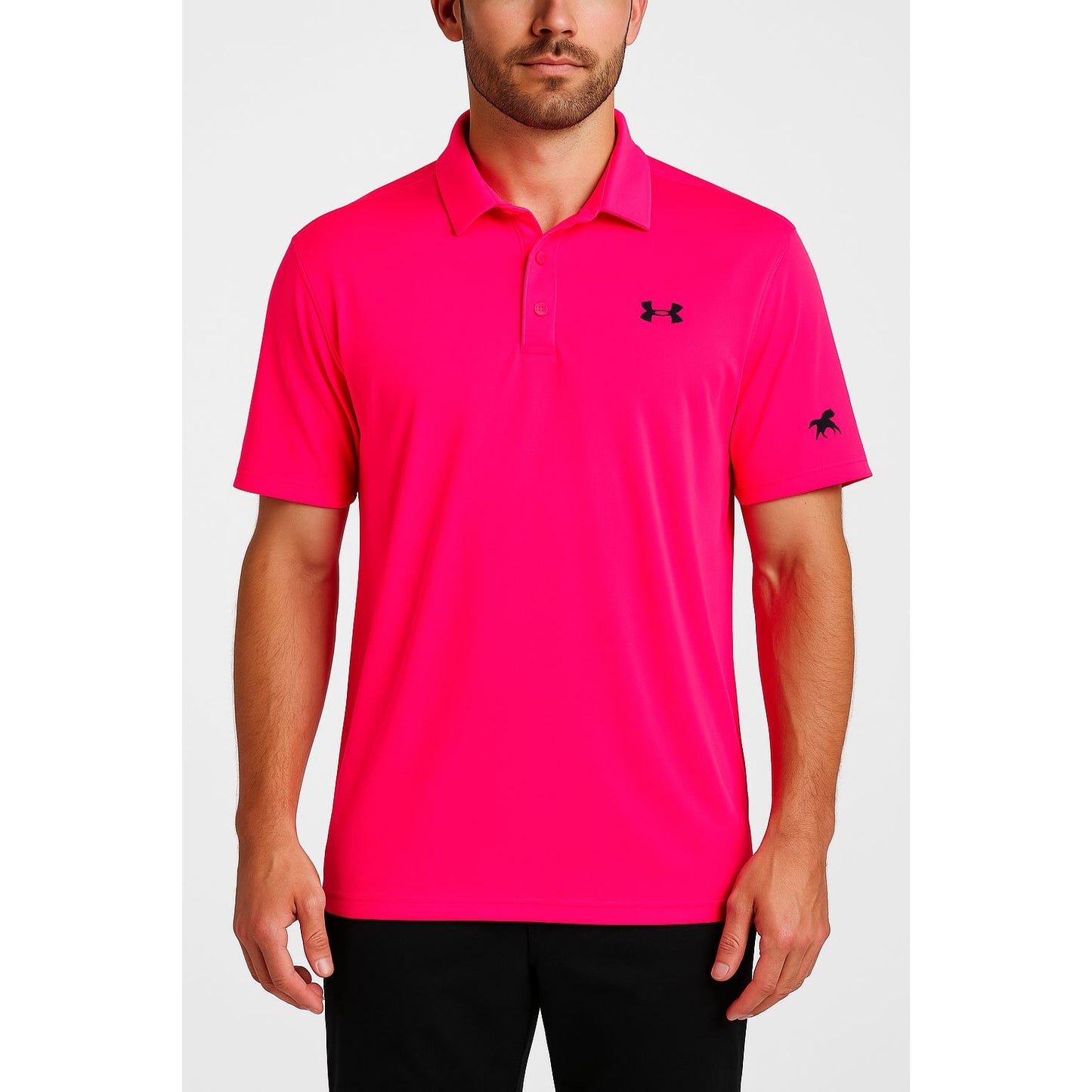 Under Armour Men’s XL Polo Shirt Neon Pink with Black Horse Logo – Loose Fit Performance Golf Top