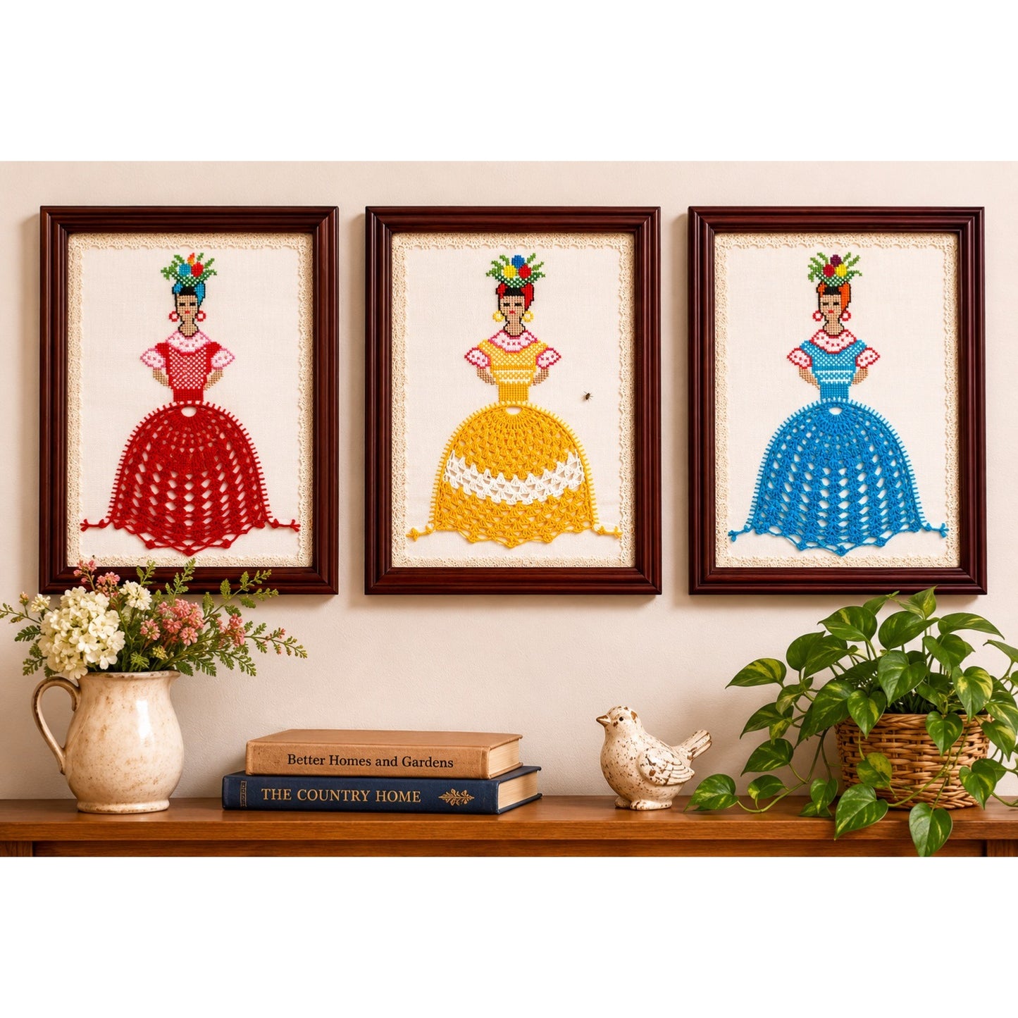 Vintage Framed Cross Stitch Crochet Dress Ladies Wall Art Set of 3 Handmade Needlework