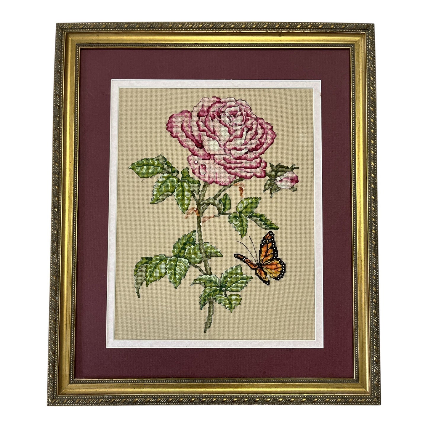 Vtg Framed Cross-Stitch Rose & Butterfly – 1998 Floral Needlework Art, 16x14