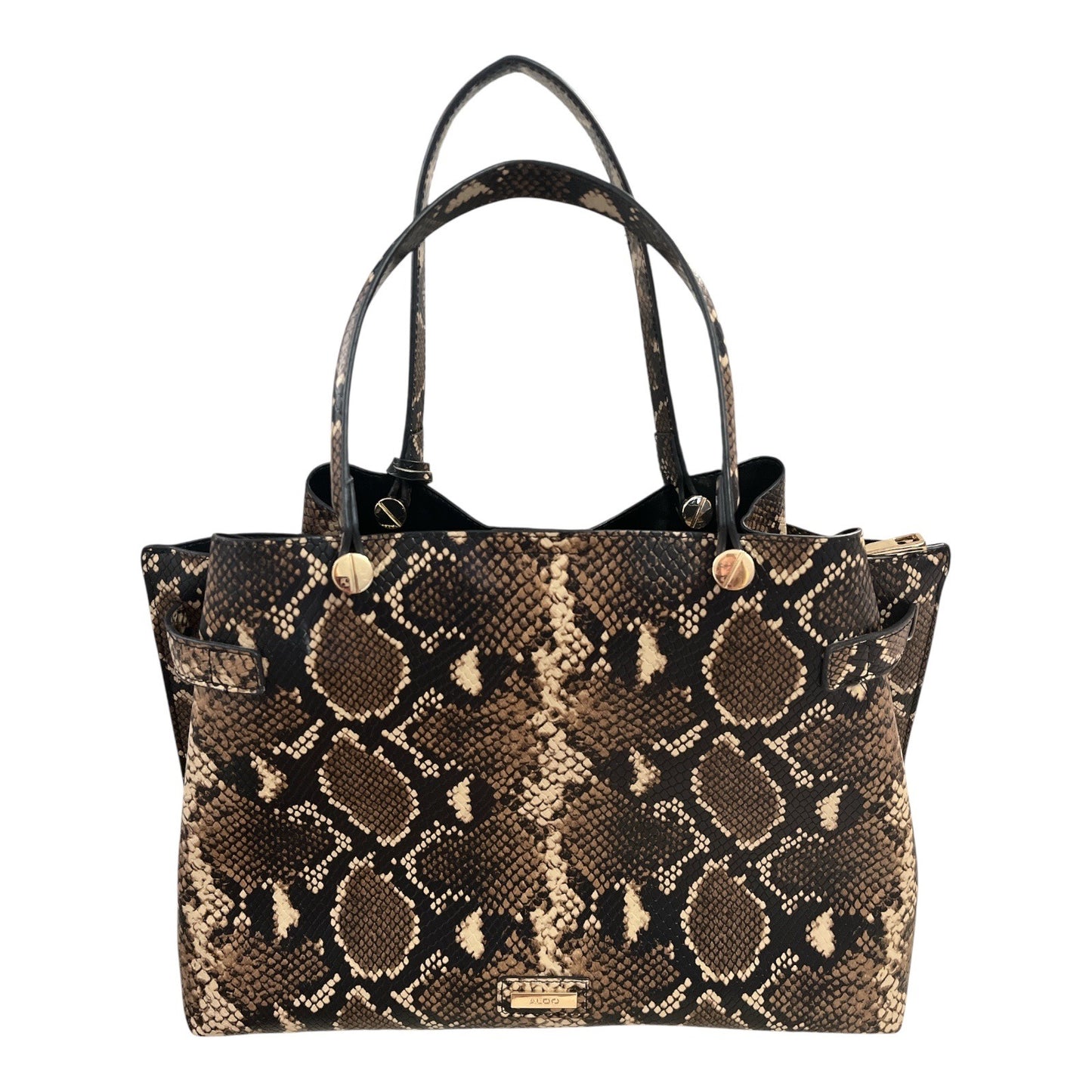 Aldo HELICIA210 Python Print Tote Bag – Faux Snakeskin Brown & Black – Gold Hardware – 10x14x5, 6” Drop – 2010s