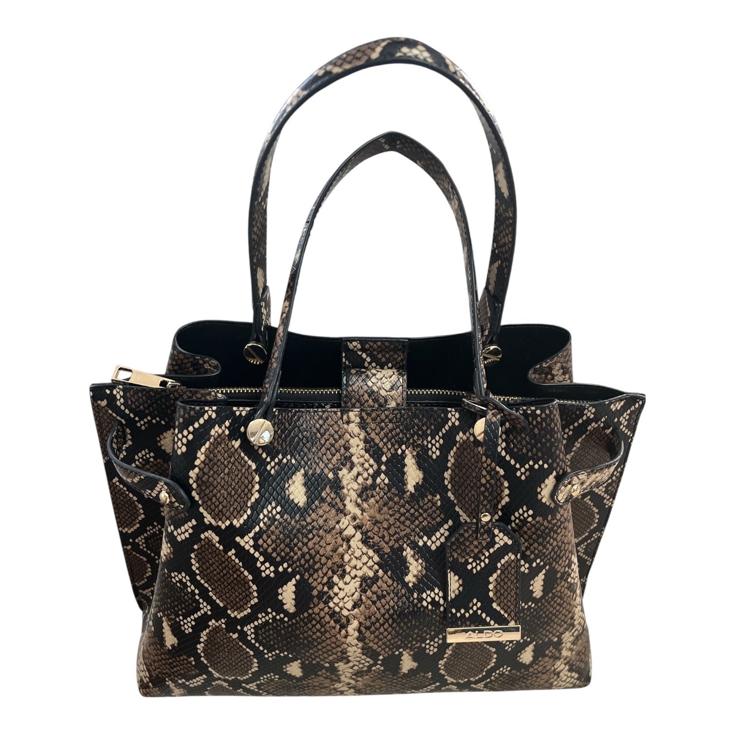 Aldo HELICIA210 Python Print Tote Bag – Faux Snakeskin Brown & Black – Gold Hardware – 10x14x5, 6” Drop – 2010s