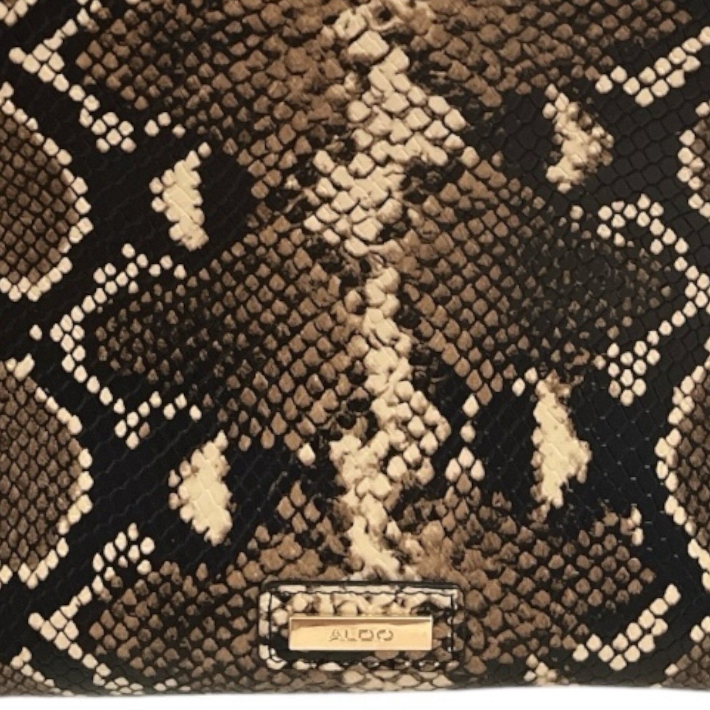 Aldo HELICIA210 Python Print Tote Bag – Faux Snakeskin Brown & Black – Gold Hardware – 10x14x5, 6” Drop – 2010s