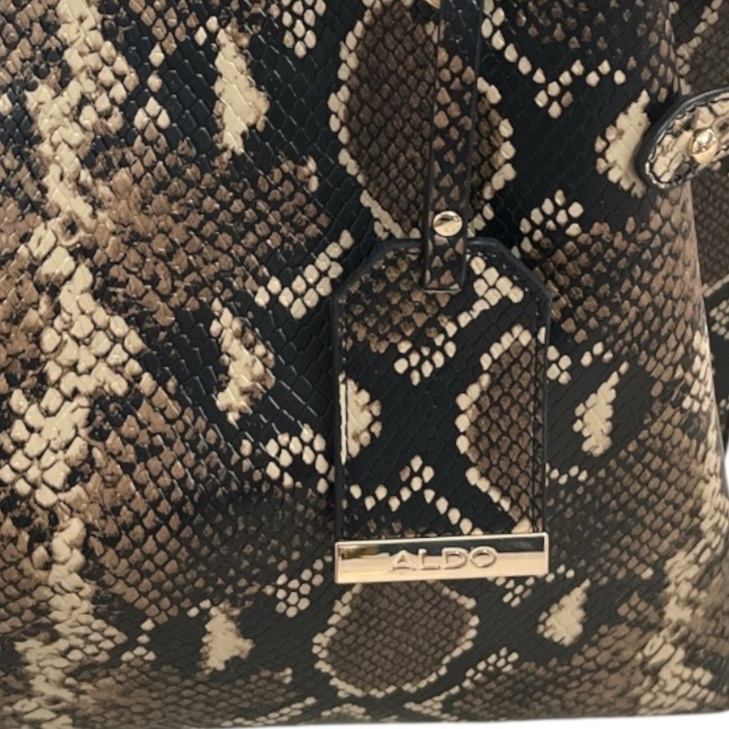 Aldo HELICIA210 Python Print Tote Bag – Faux Snakeskin Brown & Black – Gold Hardware – 10x14x5, 6” Drop – 2010s