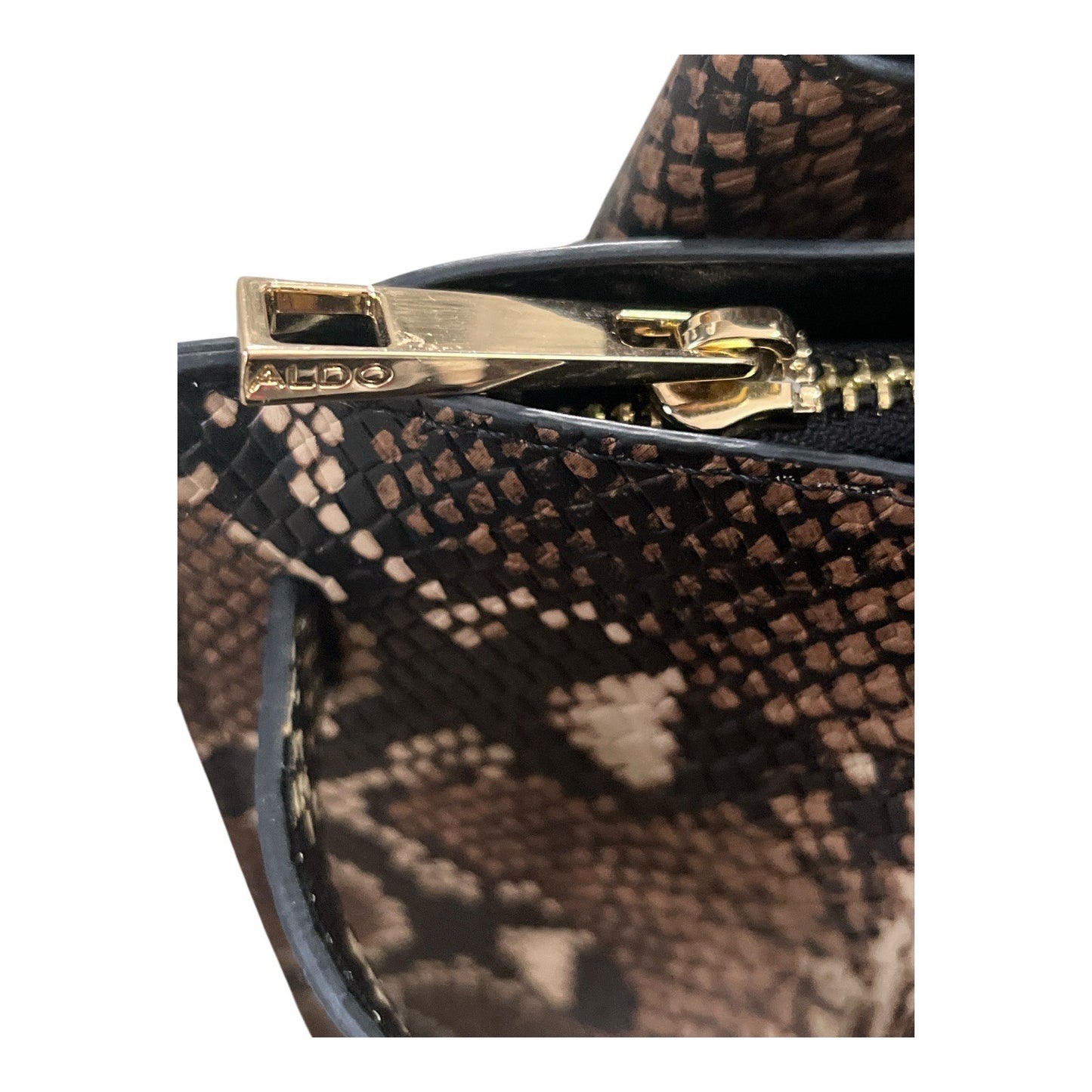 Aldo HELICIA210 Python Print Tote Bag – Faux Snakeskin Brown & Black – Gold Hardware – 10x14x5, 6” Drop – 2010s