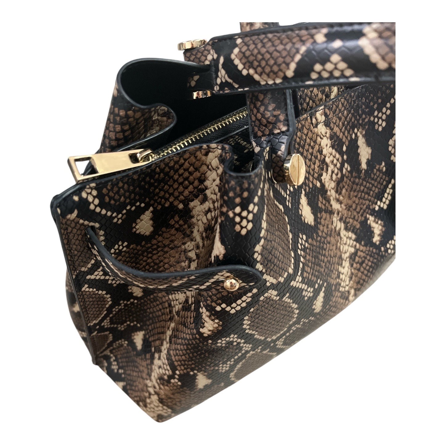 Aldo HELICIA210 Python Print Tote Bag – Faux Snakeskin Brown & Black – Gold Hardware – 10x14x5, 6” Drop – 2010s