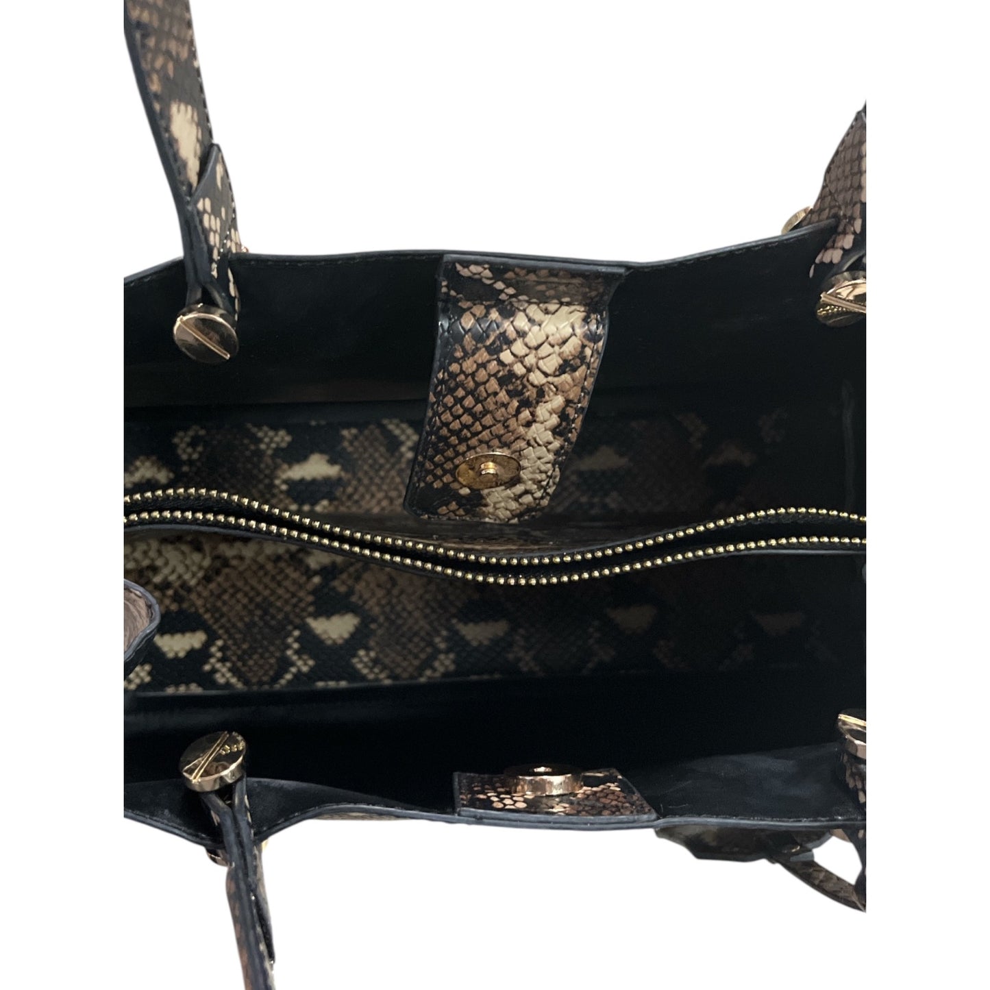 Aldo HELICIA210 Python Print Tote Bag – Faux Snakeskin Brown & Black – Gold Hardware – 10x14x5, 6” Drop – 2010s