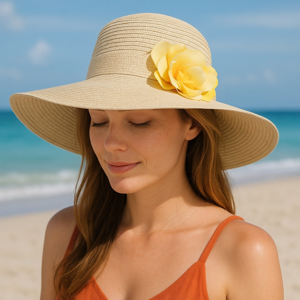 Cappelli Straworld Wide Brim Sun Hat with Yellow Flower Trim One Size Paper Braid