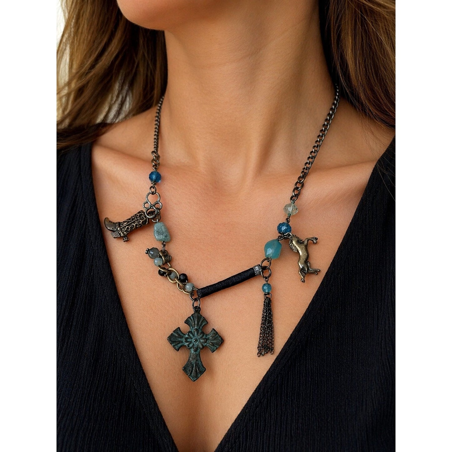 Vintage Charm Necklace Cross Boot Horse Tassel Blue Bead Mixed Metal Statement Necklace 16"