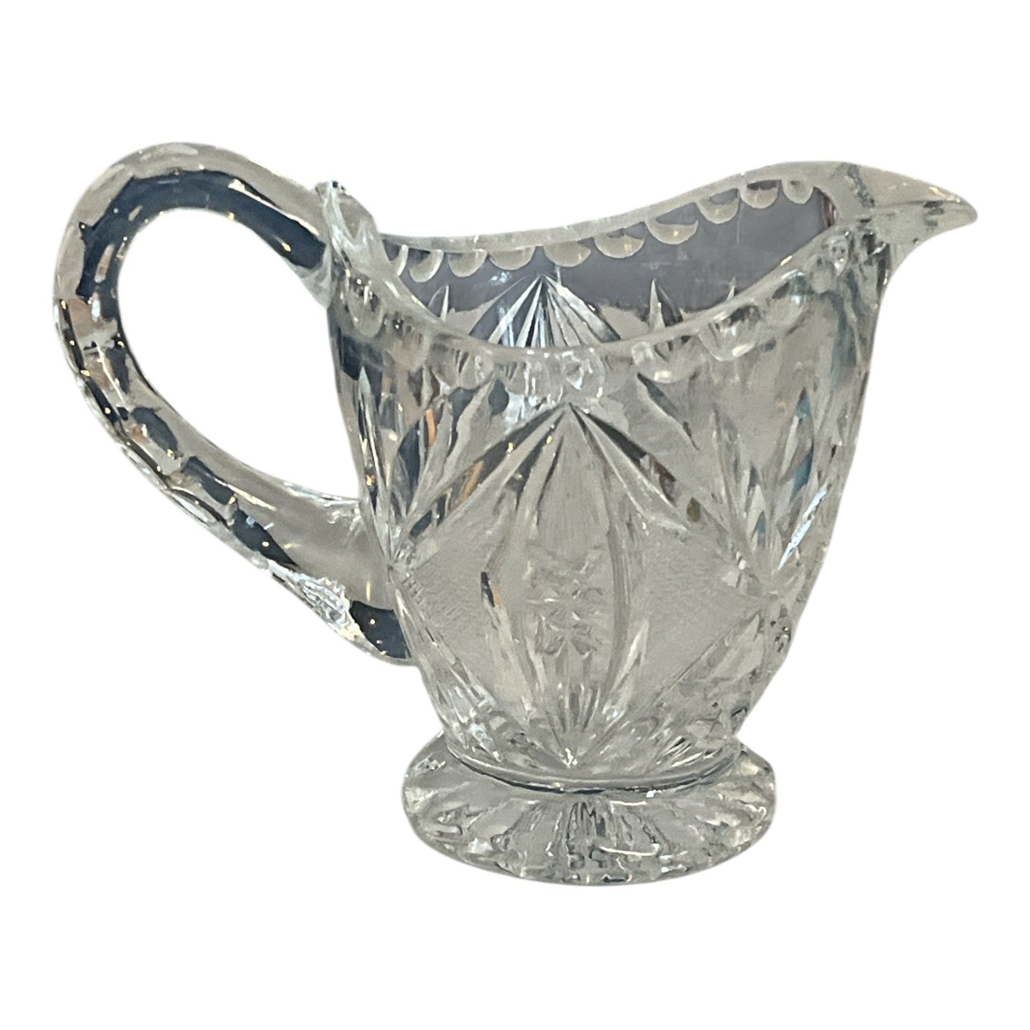 Antique EAPG Glass Creamer Pitcher – Oval Window Diamond Pattern, Starburst Base – Minor Nick Handle