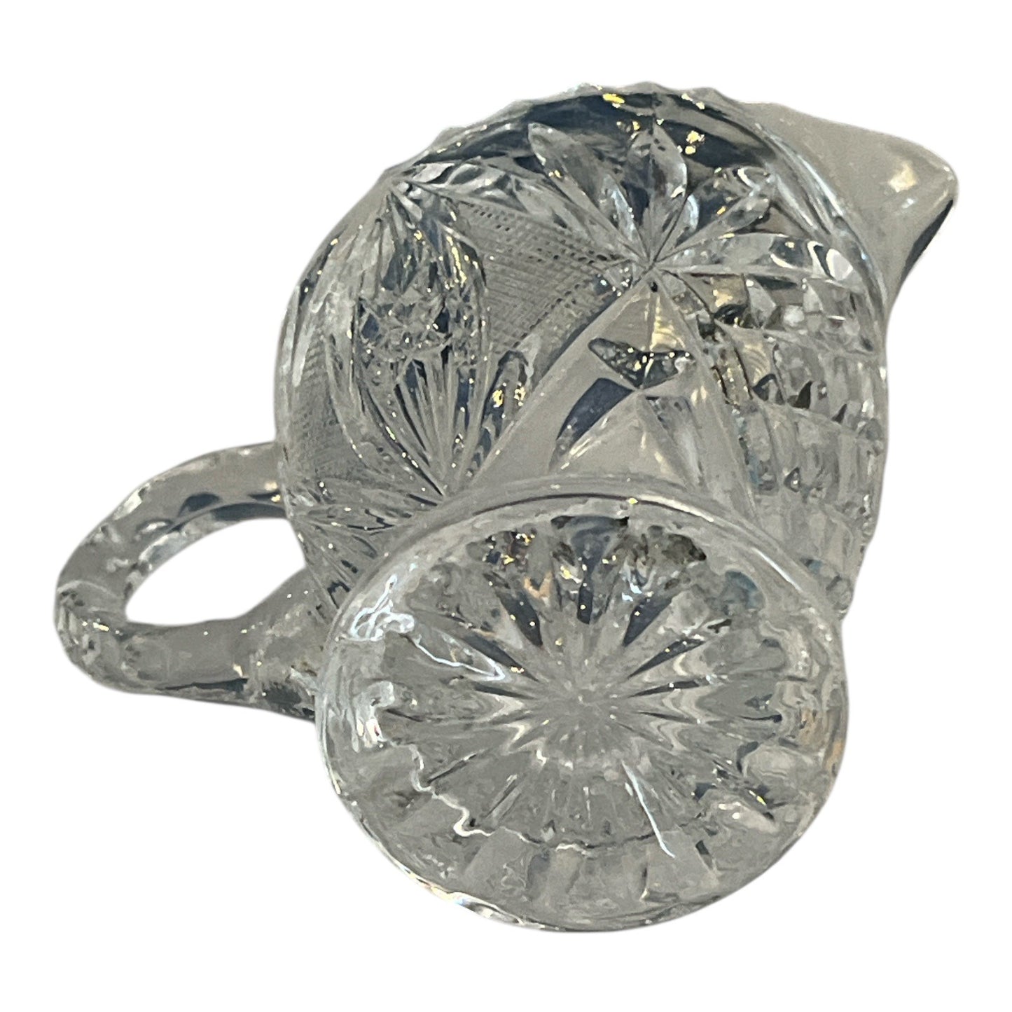 Antique EAPG Glass Creamer Pitcher – Oval Window Diamond Pattern, Starburst Base – Minor Nick Handle