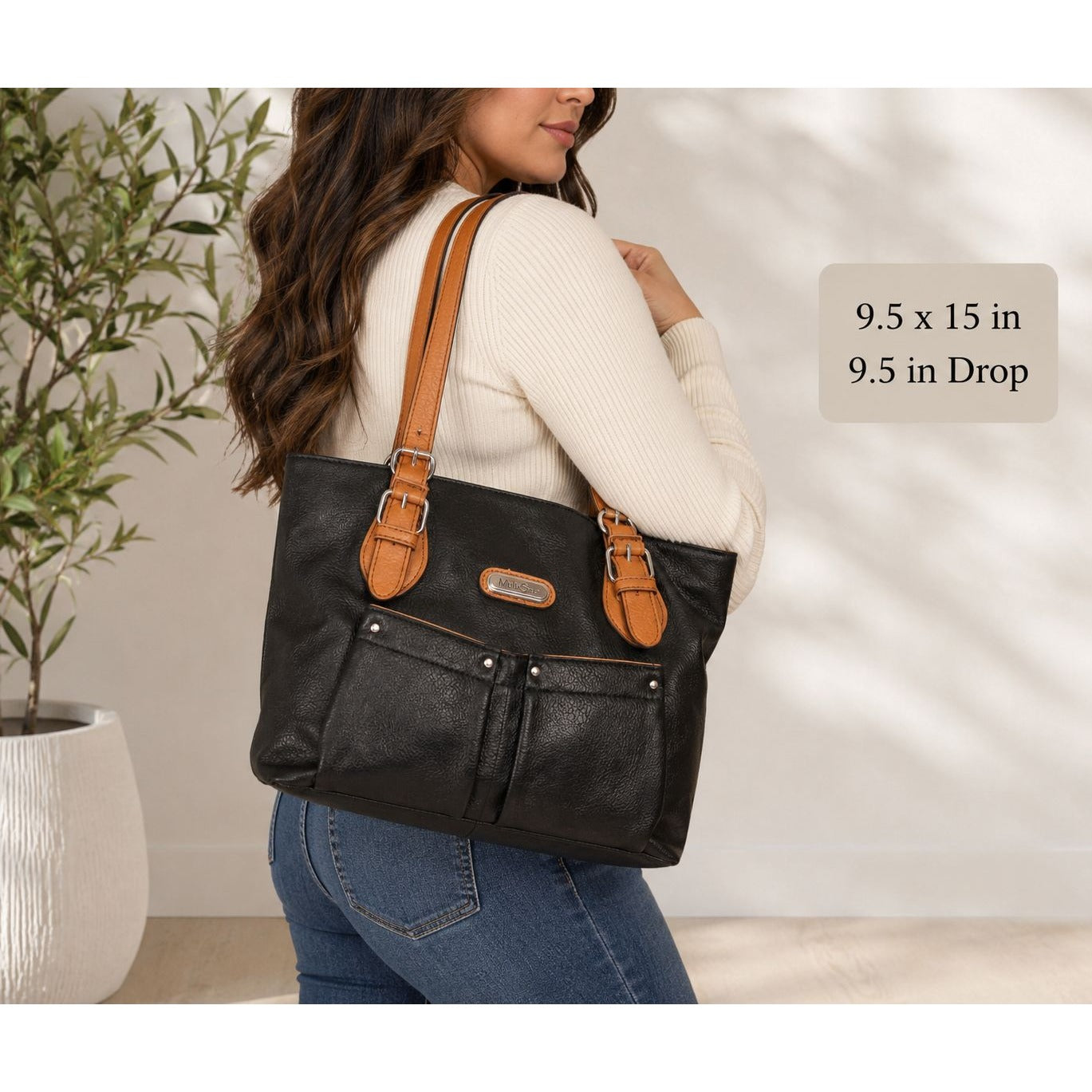 MultiSac Black & Brown Faux Leather Tote Bag Shoulder Purse Multi Pocket Handbag