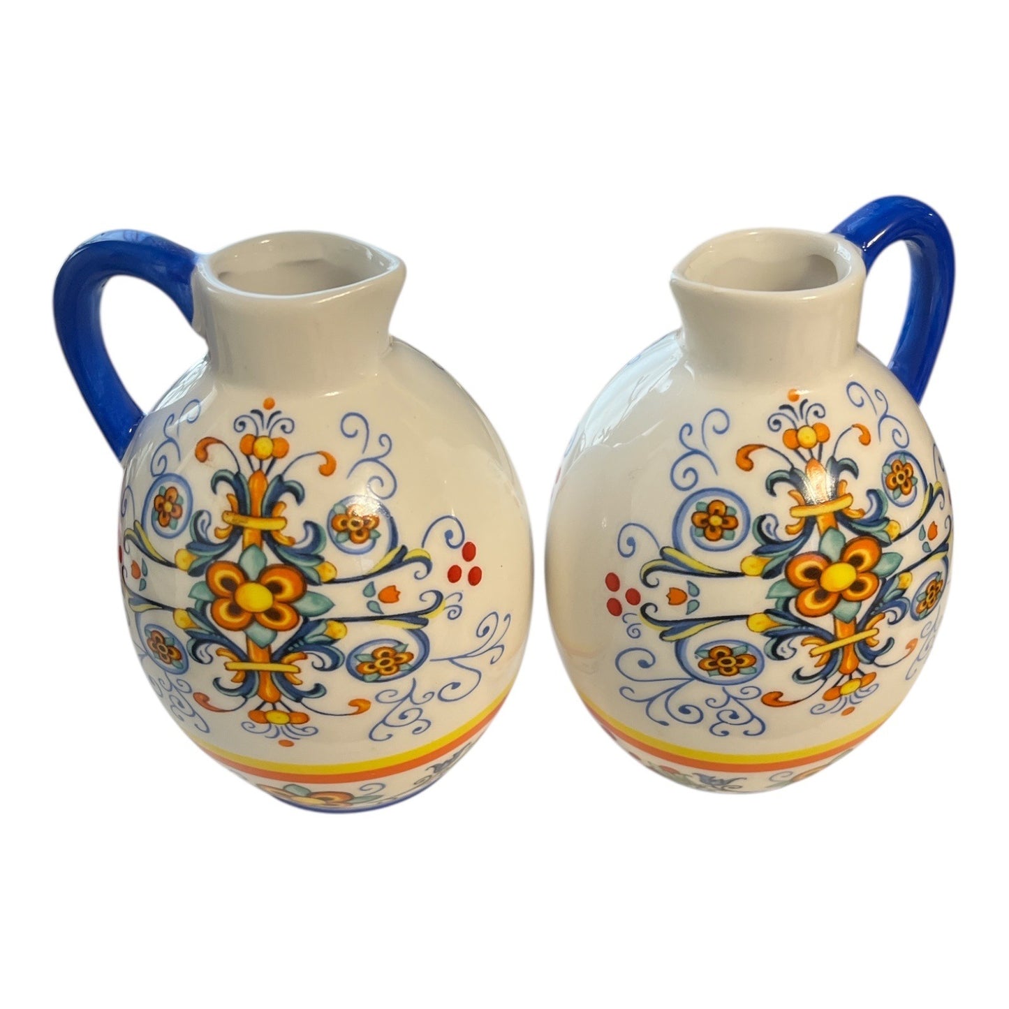 Set of 2 Ceramic Cruets – LTD Commodities – Italian-Style Floral Design – 4.5" Tall – Blue Handles