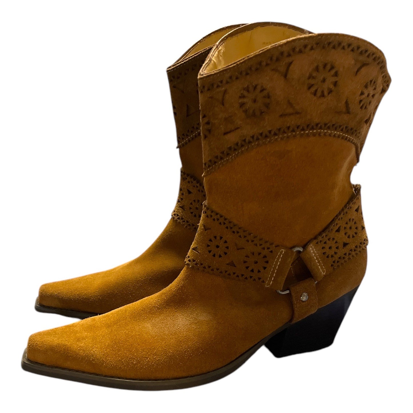 Western-Style Tan Suede Ankle Boots With Intricate Cutout Design & Low Heel Size 10M