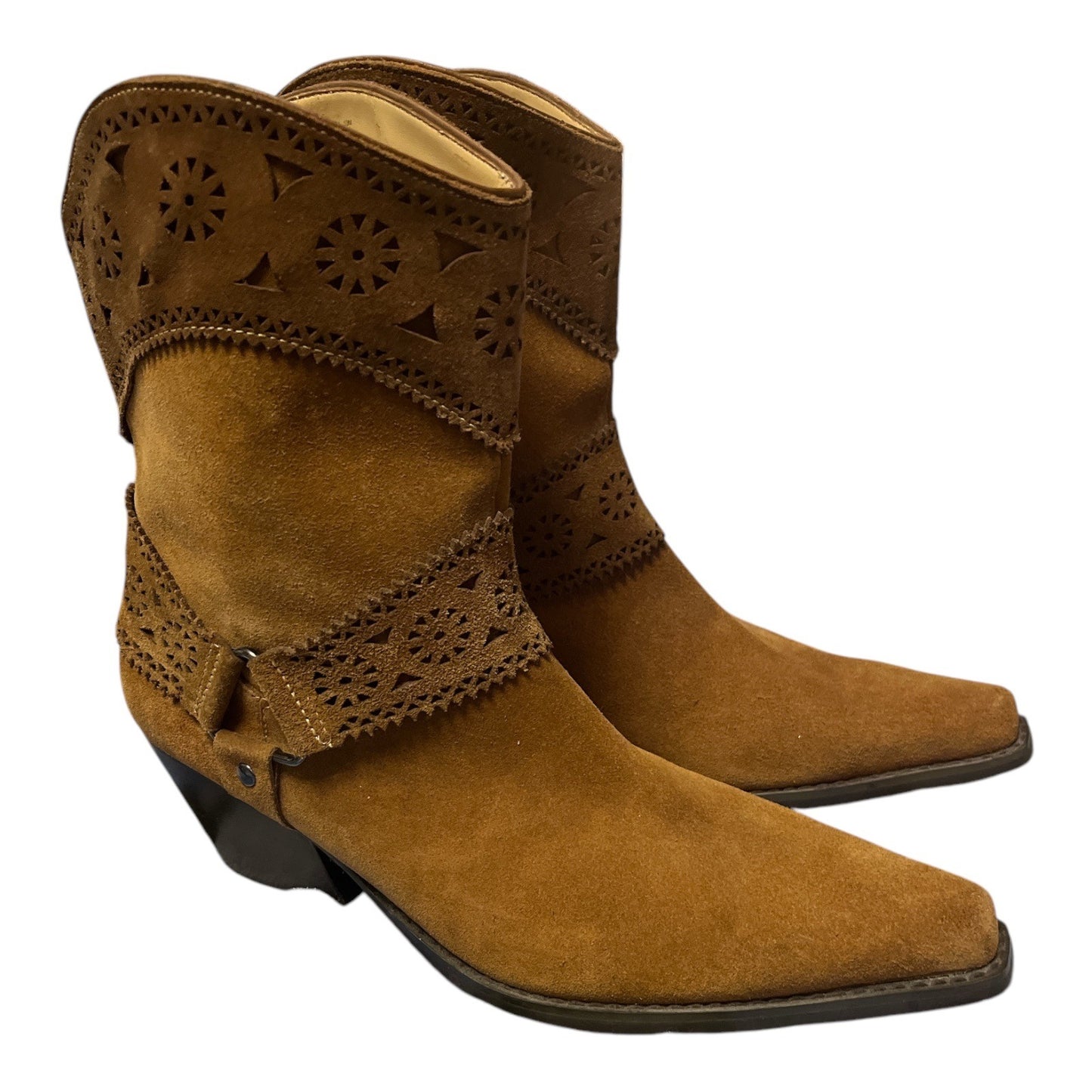 Western-Style Tan Suede Ankle Boots With Intricate Cutout Design & Low Heel Size 10M