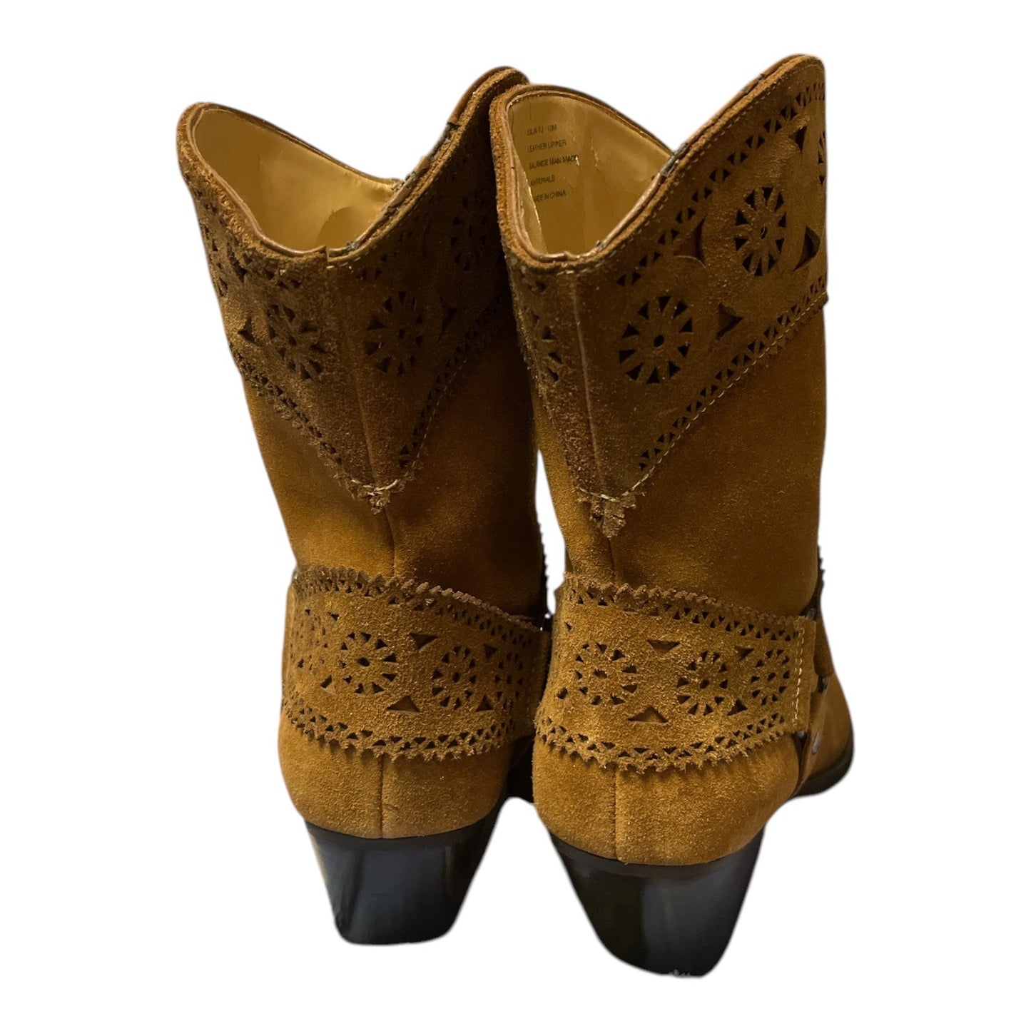 Western-Style Tan Suede Ankle Boots With Intricate Cutout Design & Low Heel Size 10M