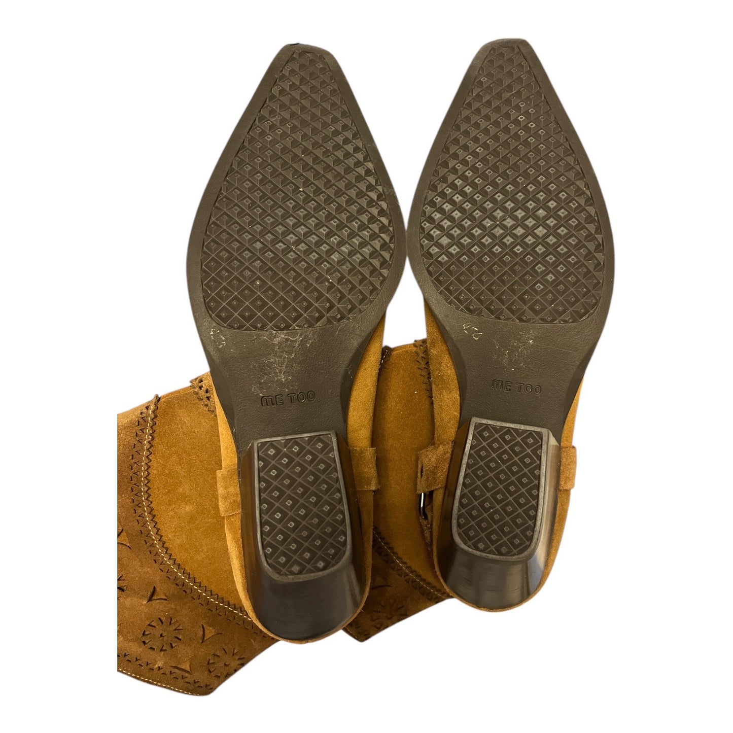 Western-Style Tan Suede Ankle Boots With Intricate Cutout Design & Low Heel Size 10M