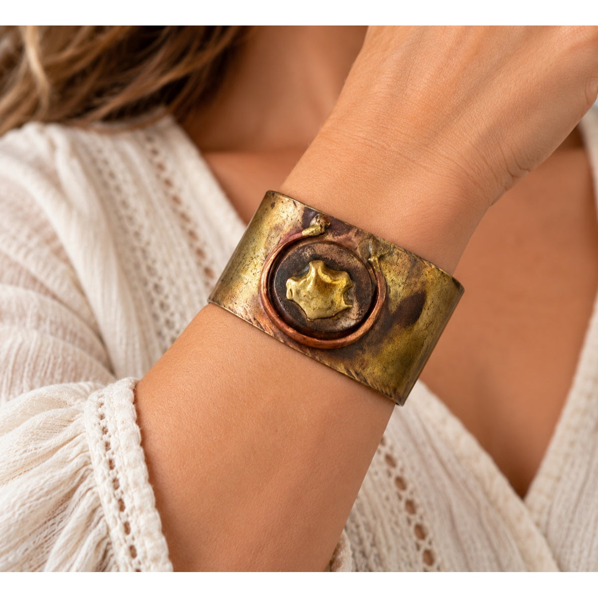 Vintage 1970s Brutalist Brass Copper Mixed Metal Wide Cuff Bracelet Artisan 2.5"