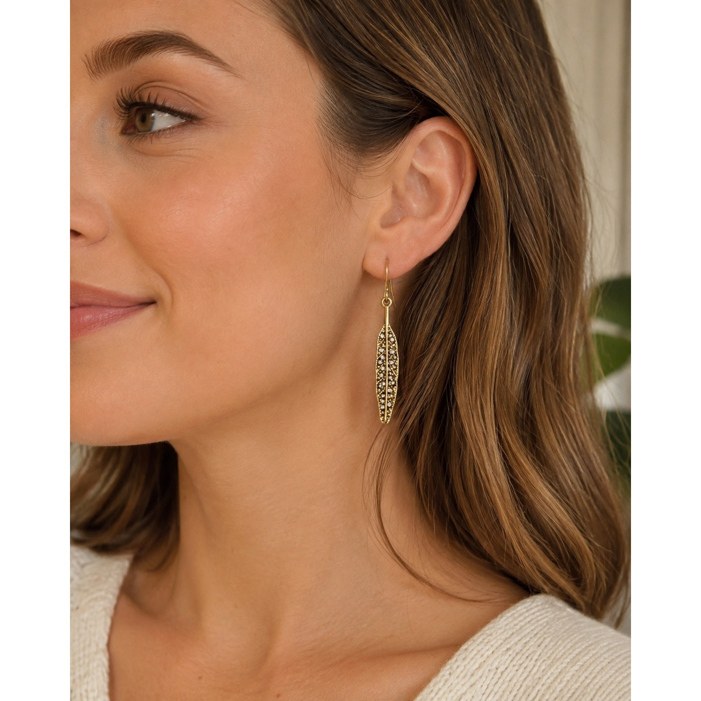 Gold Tone Leaf Dangle Earrings with Rhinestone Accents Delicate Nature Inspired Jewelry