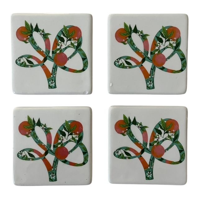Set of 4 Busch Gardens Home Orange Tree Tile Coasters – Cork Backed Ceramic, 4" Square New