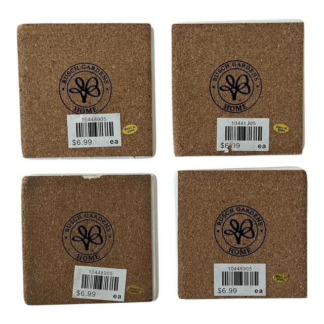 Set of 4 Busch Gardens Home Orange Tree Tile Coasters – Cork Backed Ceramic, 4" Square New