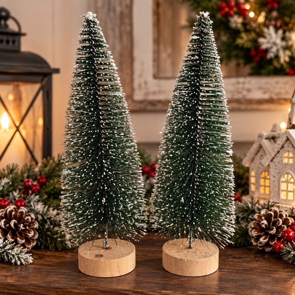 Snowy Bottle Brush Christmas Trees Pair 10 Inch Green Wood Base