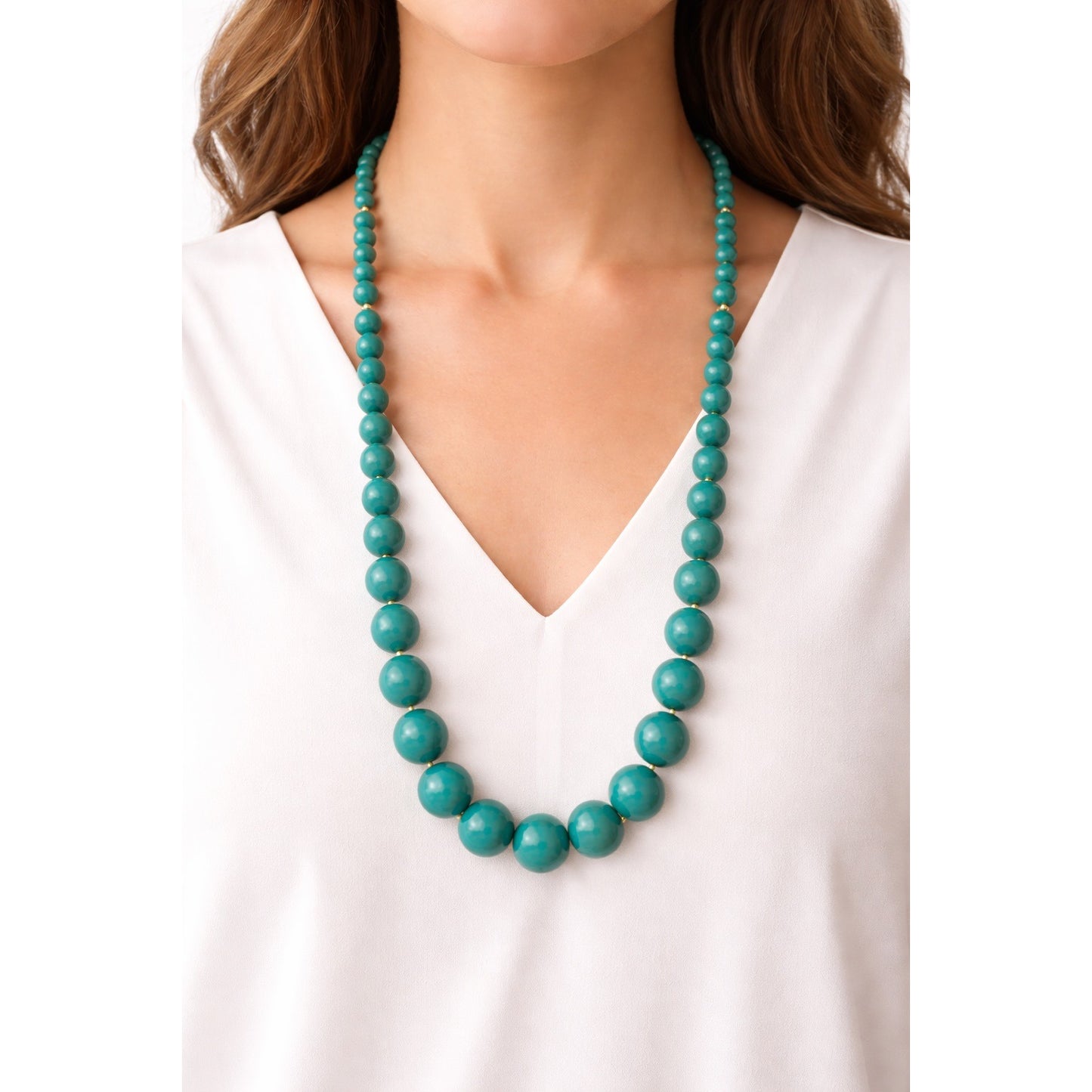Monet Teal Graduated Bead Necklace Gold Tone Clasp 28” Vintage Statement