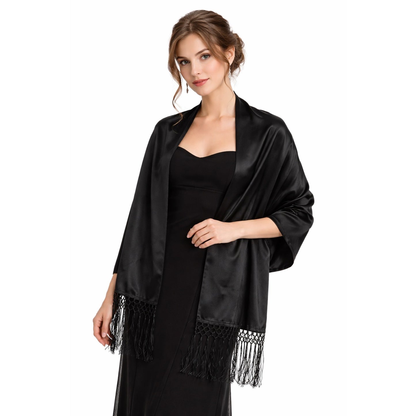Vintage Liz Claiborne Black Satin Fringe Shawl Wrap Evening Scarf Long Rectangular