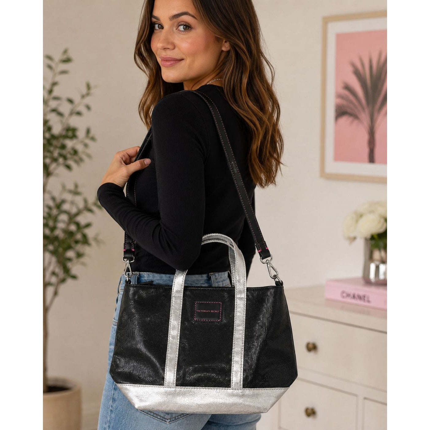 Victoria's Secret Black Silver Metallic Tote Crossbody Bag Pink Stitching Removable Strap