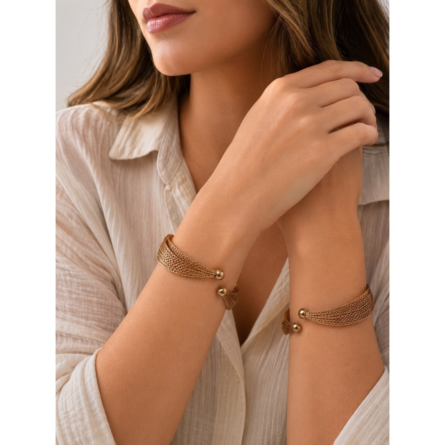 Vintage Rose Gold Tone Multi Strand Mesh Cuff Bracelet Open Adjustable Statement Jewelry